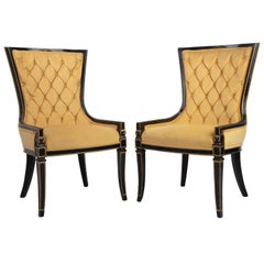 Pair of Classic Greek Vintage Gold Velvet, Gold Trimmed, Black Lacqered Chairs