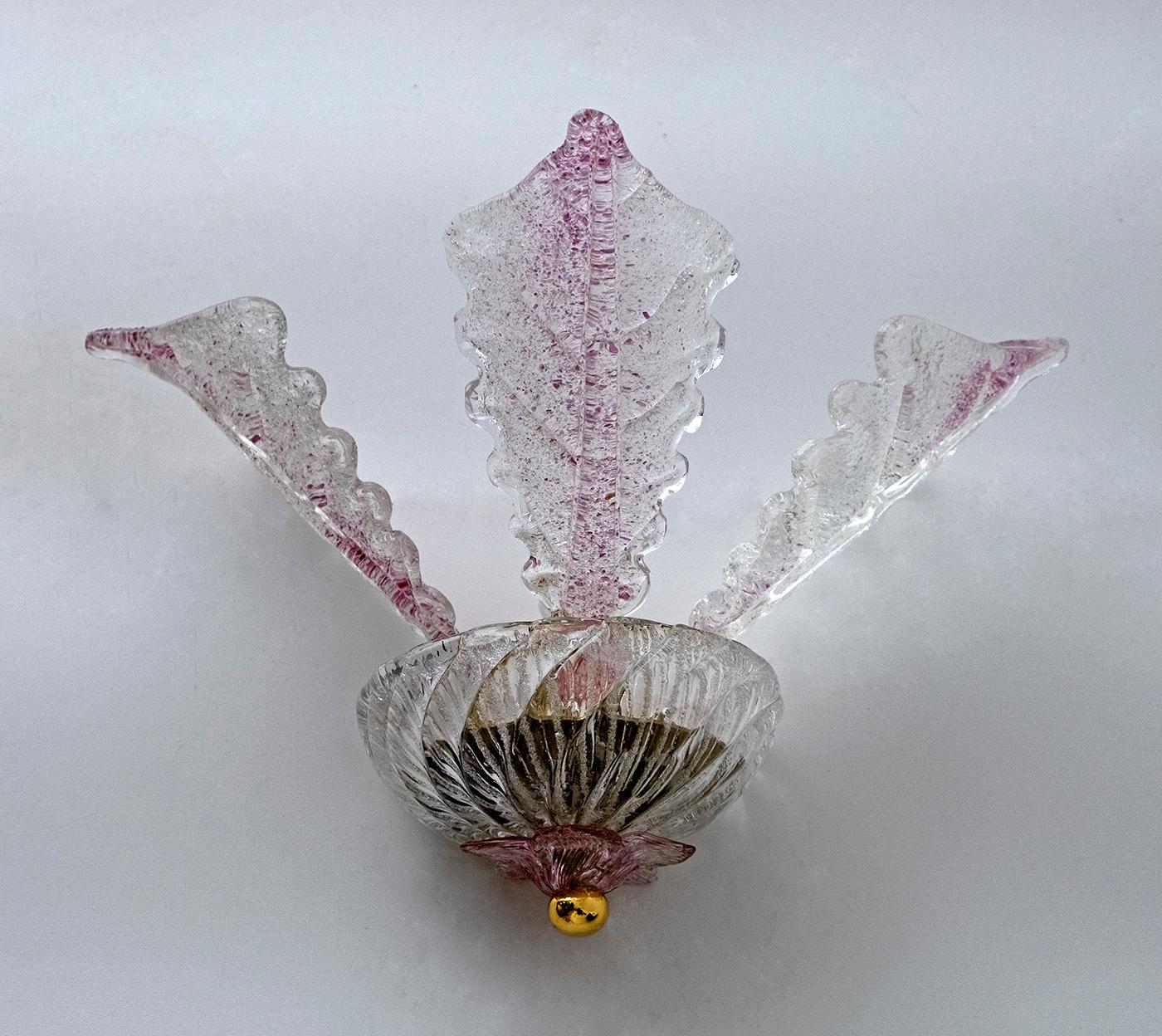Mid-20th Century Pair of Classic Italian Murano Glass Leafs Wall Sconces, 1960s For Sale