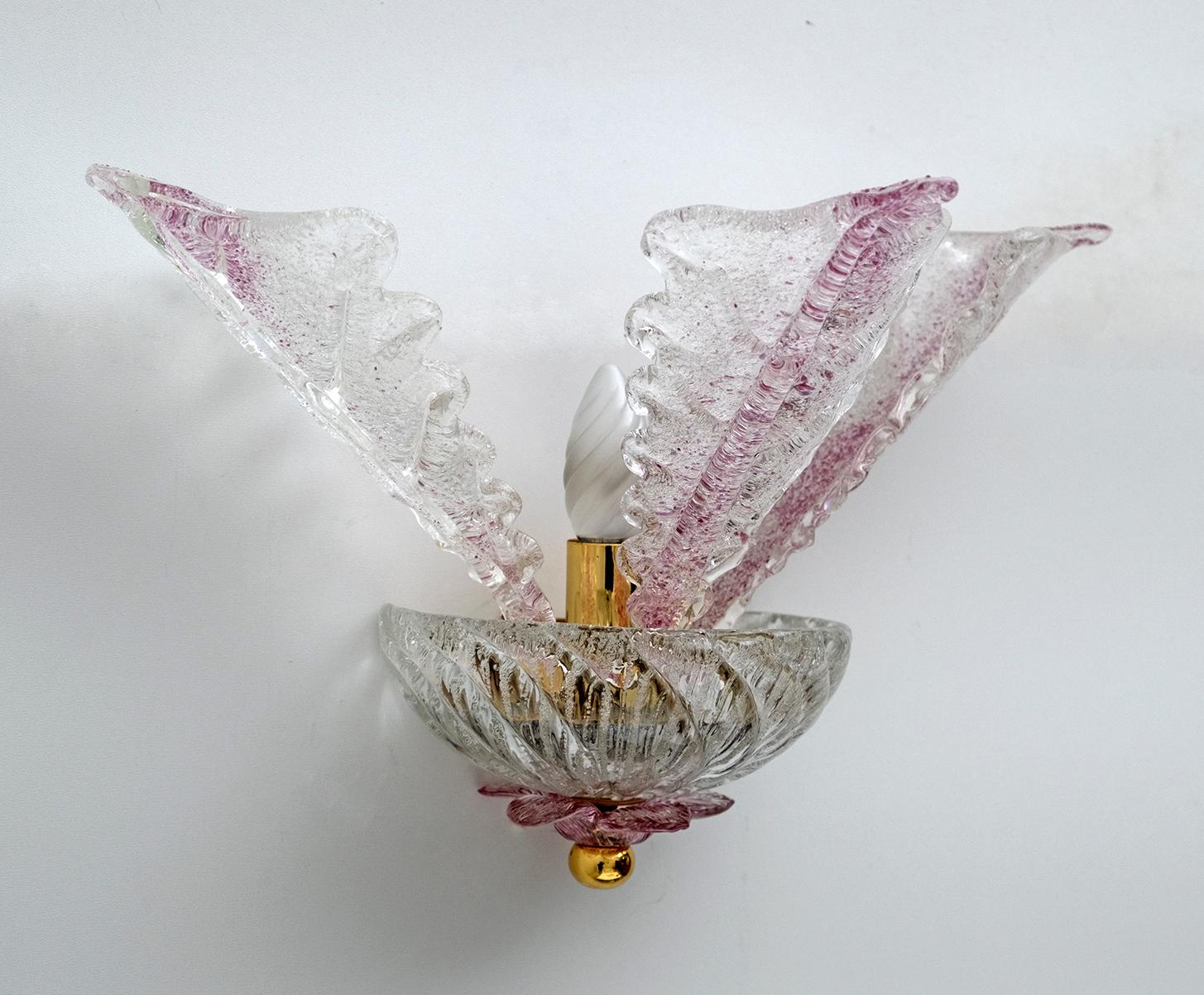 Pair of Classic Italian Murano Glass Leafs Wall Sconces, 1960s For Sale 2