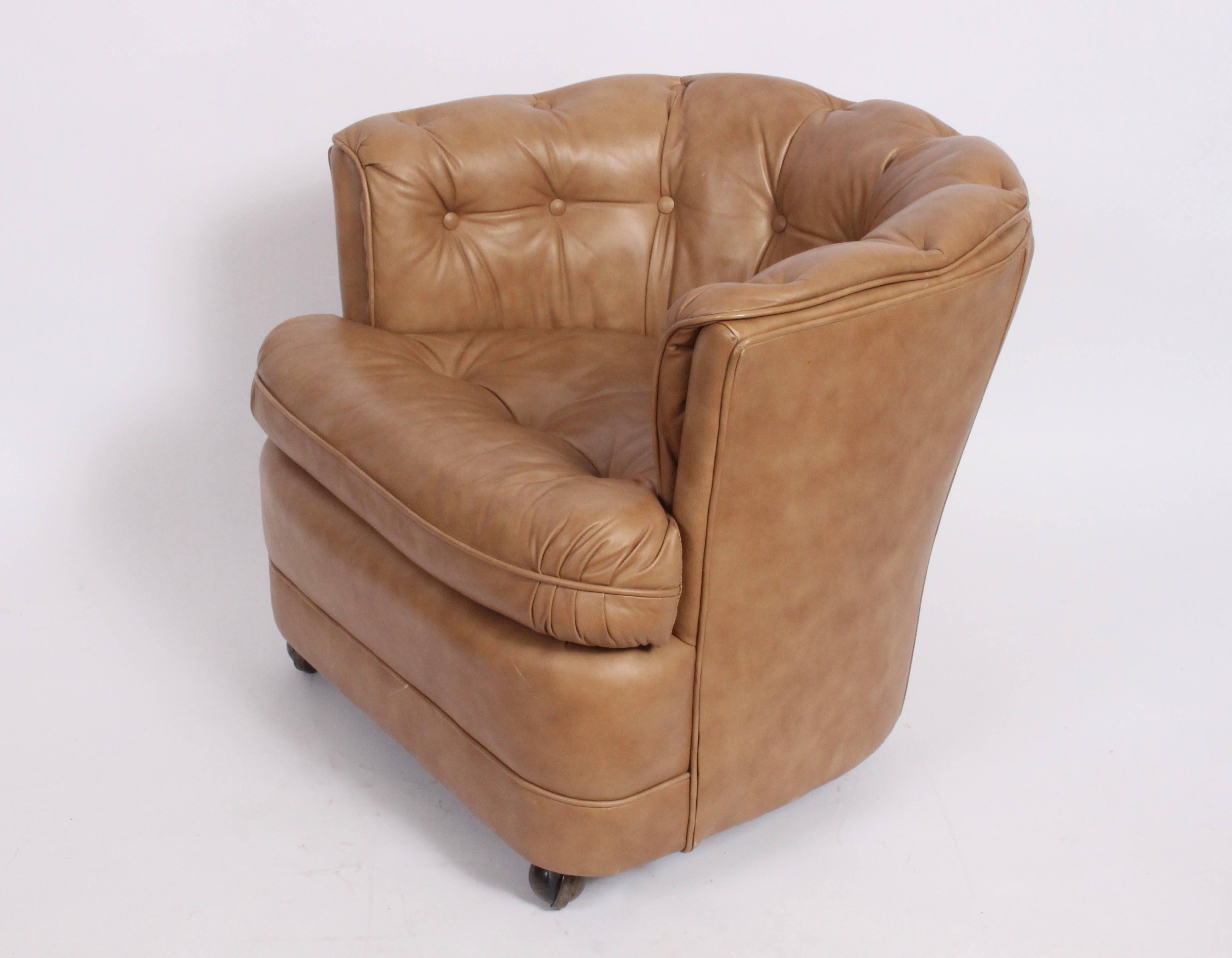 American Pair of Rolling Classic Leather Inc. Tufted Taupe Barrel Club Chairs, 1970s