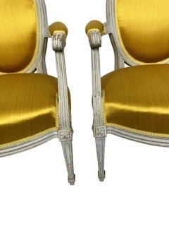 Pair of Classic Louis XVI French Round Back Fauteuils/ArmChairs in YellowFabric
