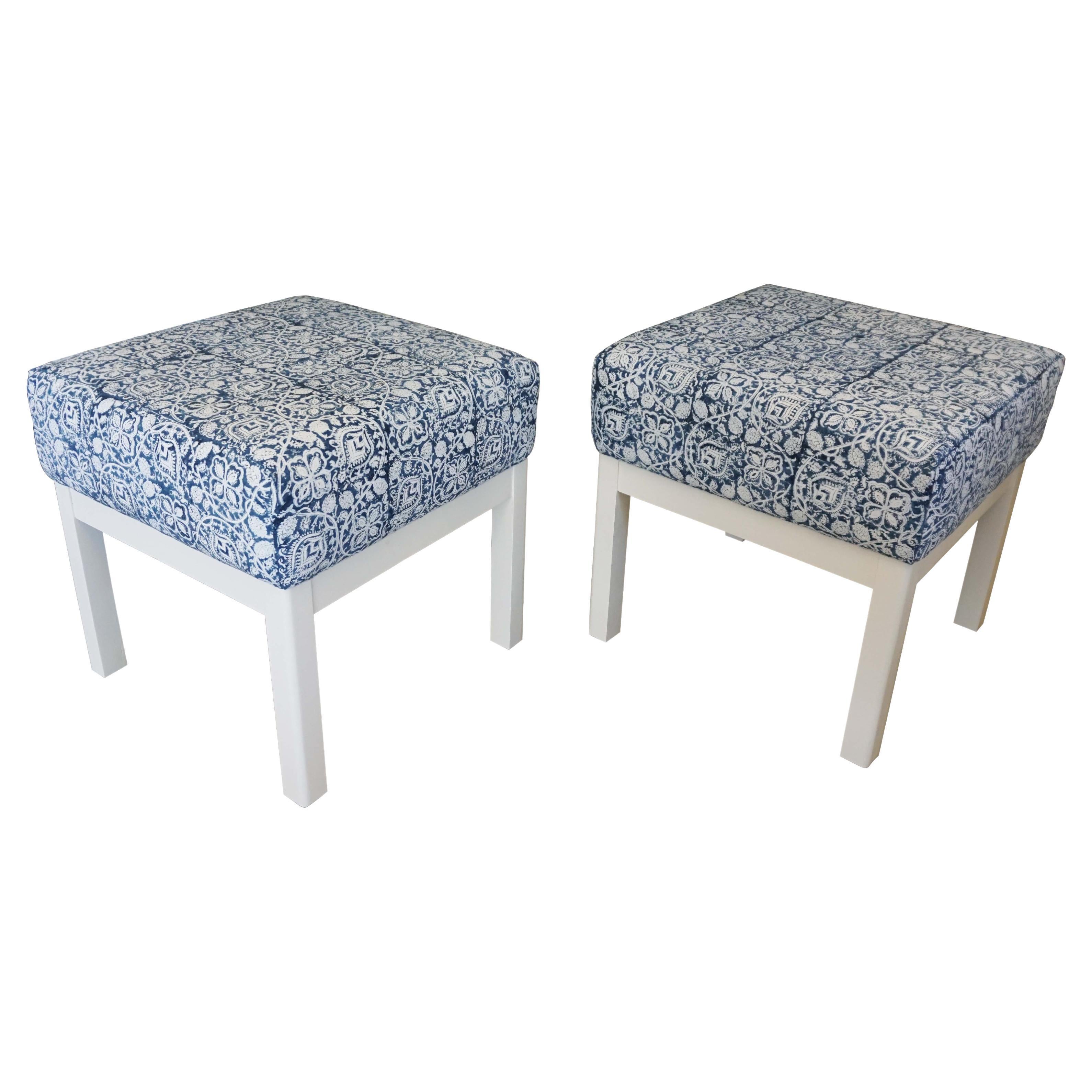 Pair of Classic Low Stools in Hand Block Printed Fabric by Ralph Lauren For Sale