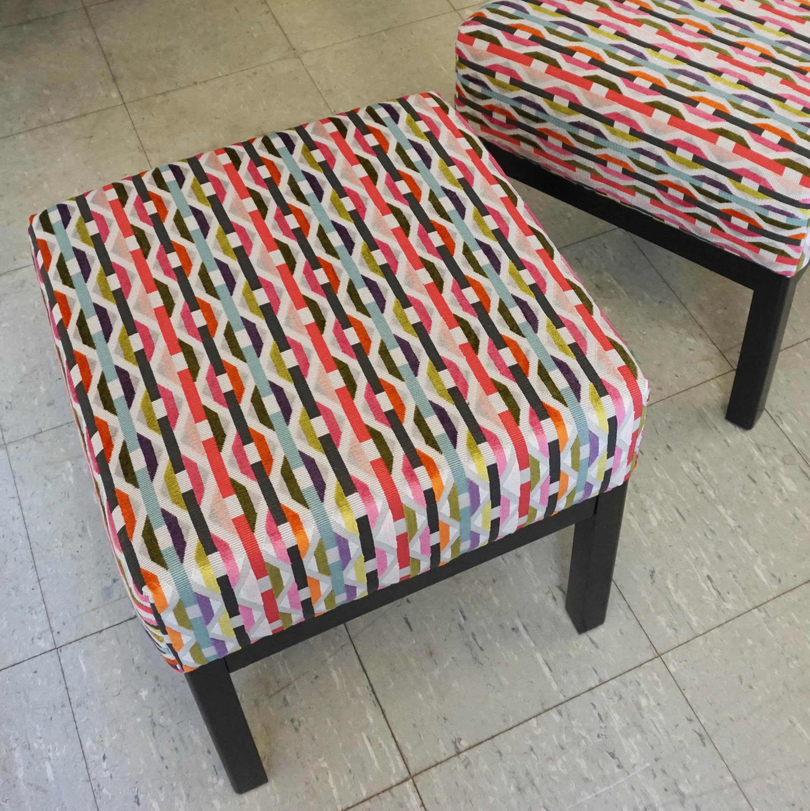 Modern Pair of Classic Low Stools in Fabric from Romo's Habanera Collection For Sale