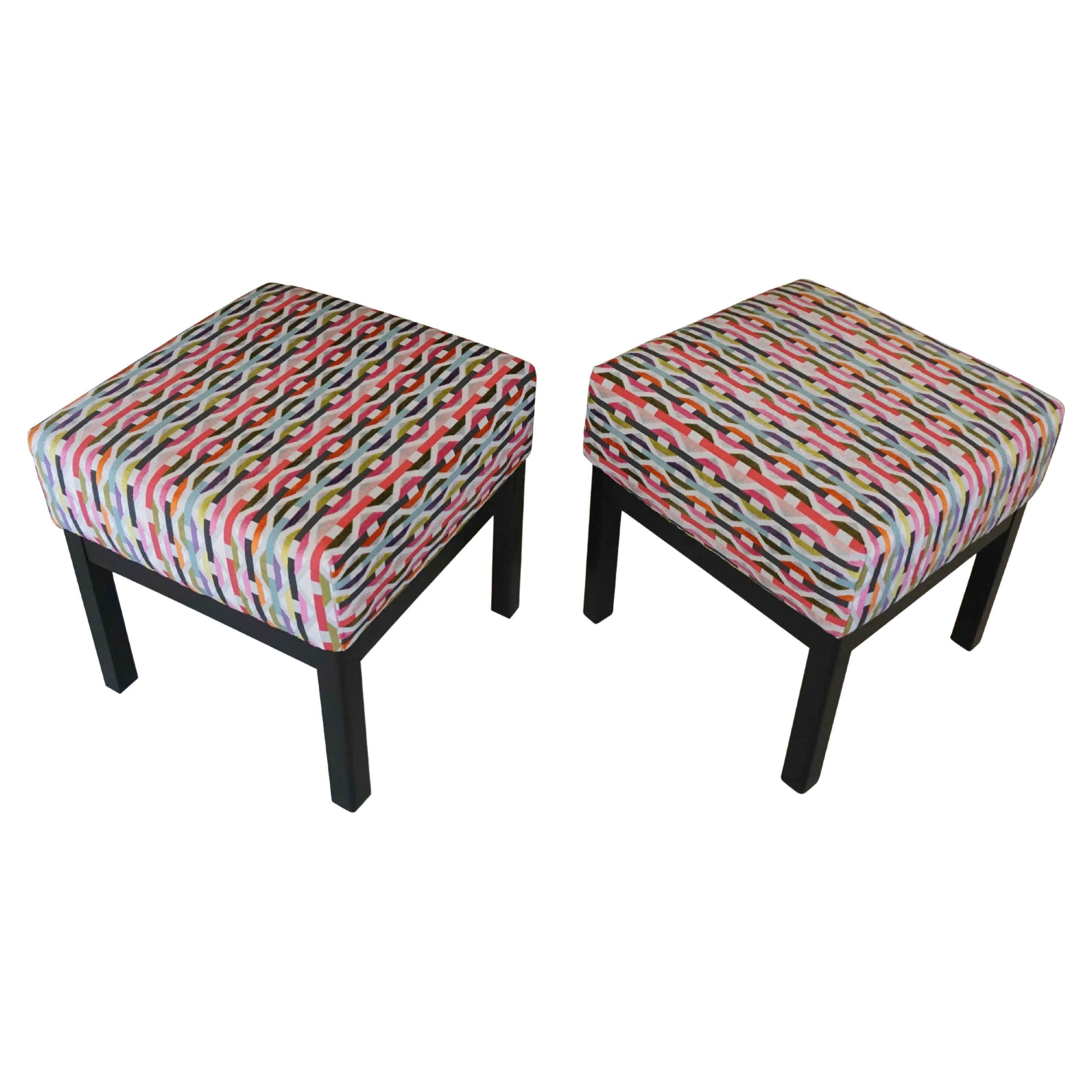 Pair of Classic Low Stools in Fabric from Romo's Habanera Collection For Sale