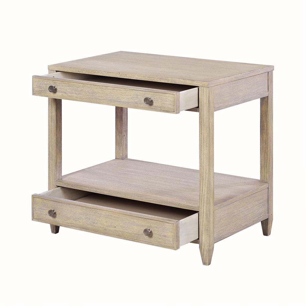 Classic nightstand - A wide rectangle side table with two drawers, brass hardware, and tapered feet, with a 