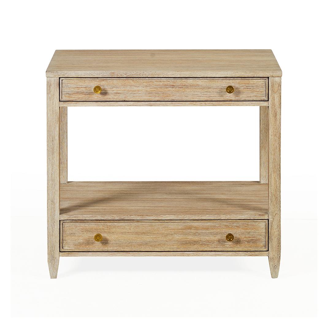 A perfect blend of elegance and functionality. This wide rectangular side table features two spacious drawers adorned with brass hardware, providing ample storage for your essentials.

The tapered feet add a touch of sophistication, while the unique