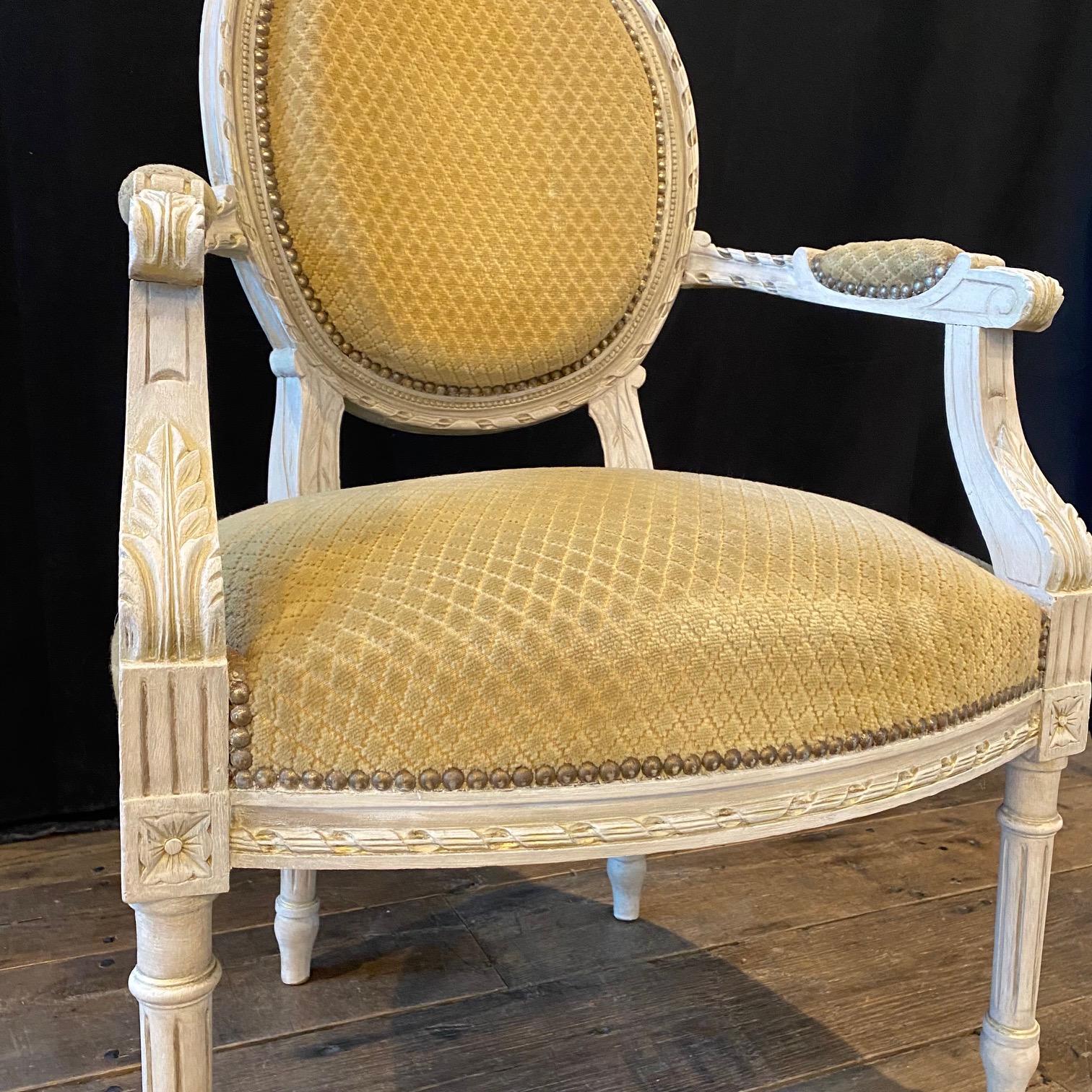 Pair of Classic Painted French Carved Louis XVI Arm Chairs or Fauteuils 8