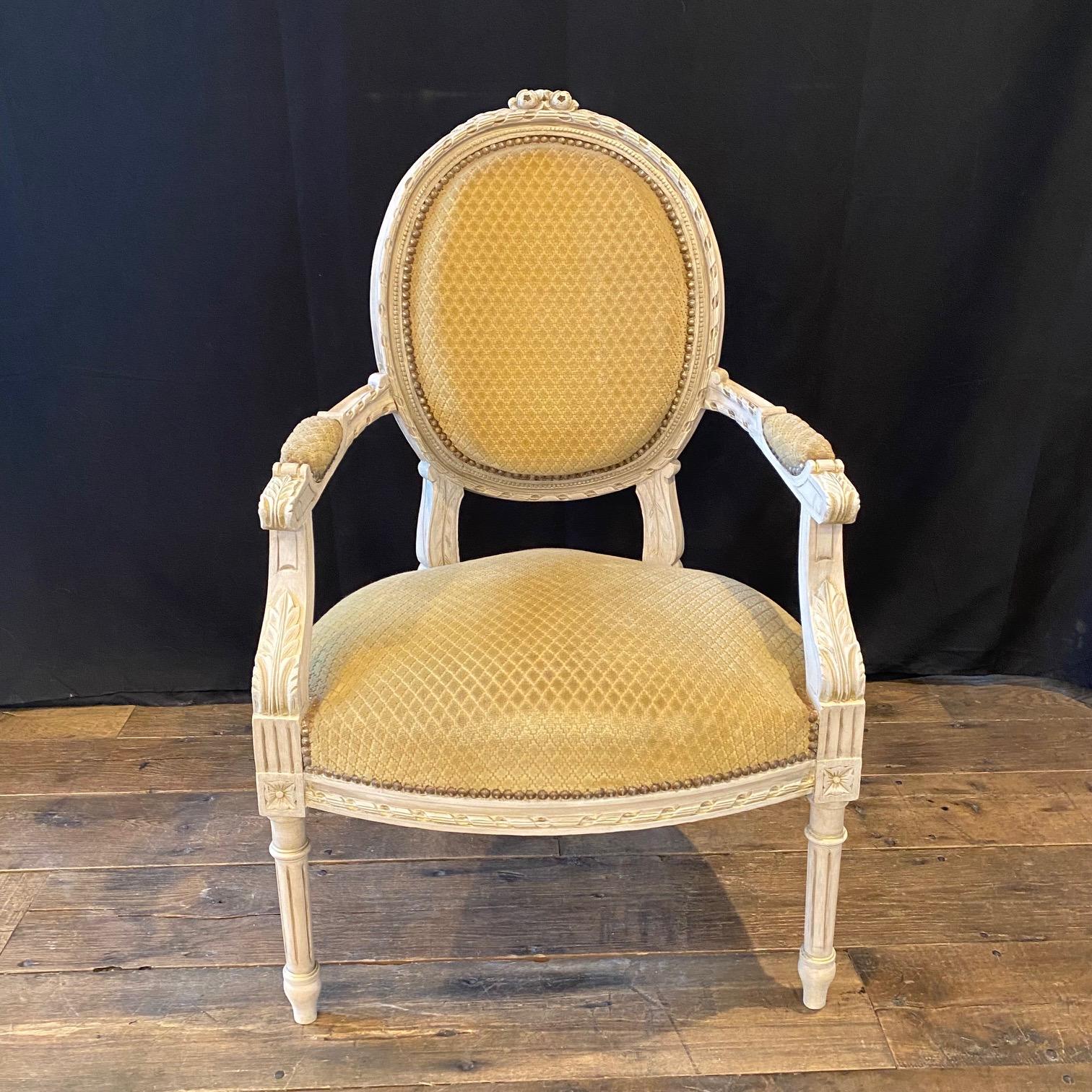 19th Century Pair of Classic Painted French Carved Louis XVI Arm Chairs or Fauteuils