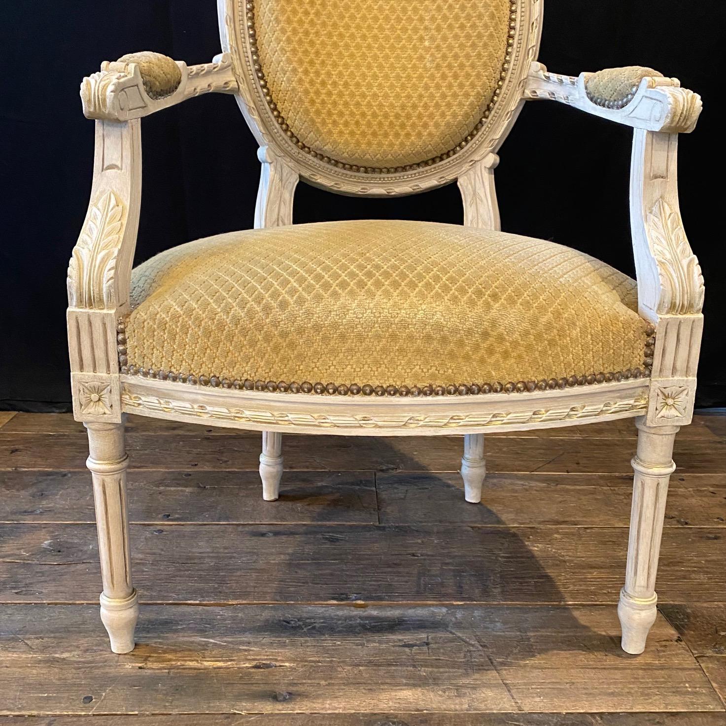 Pair of Classic Painted French Carved Louis XVI Arm Chairs or Fauteuils 2