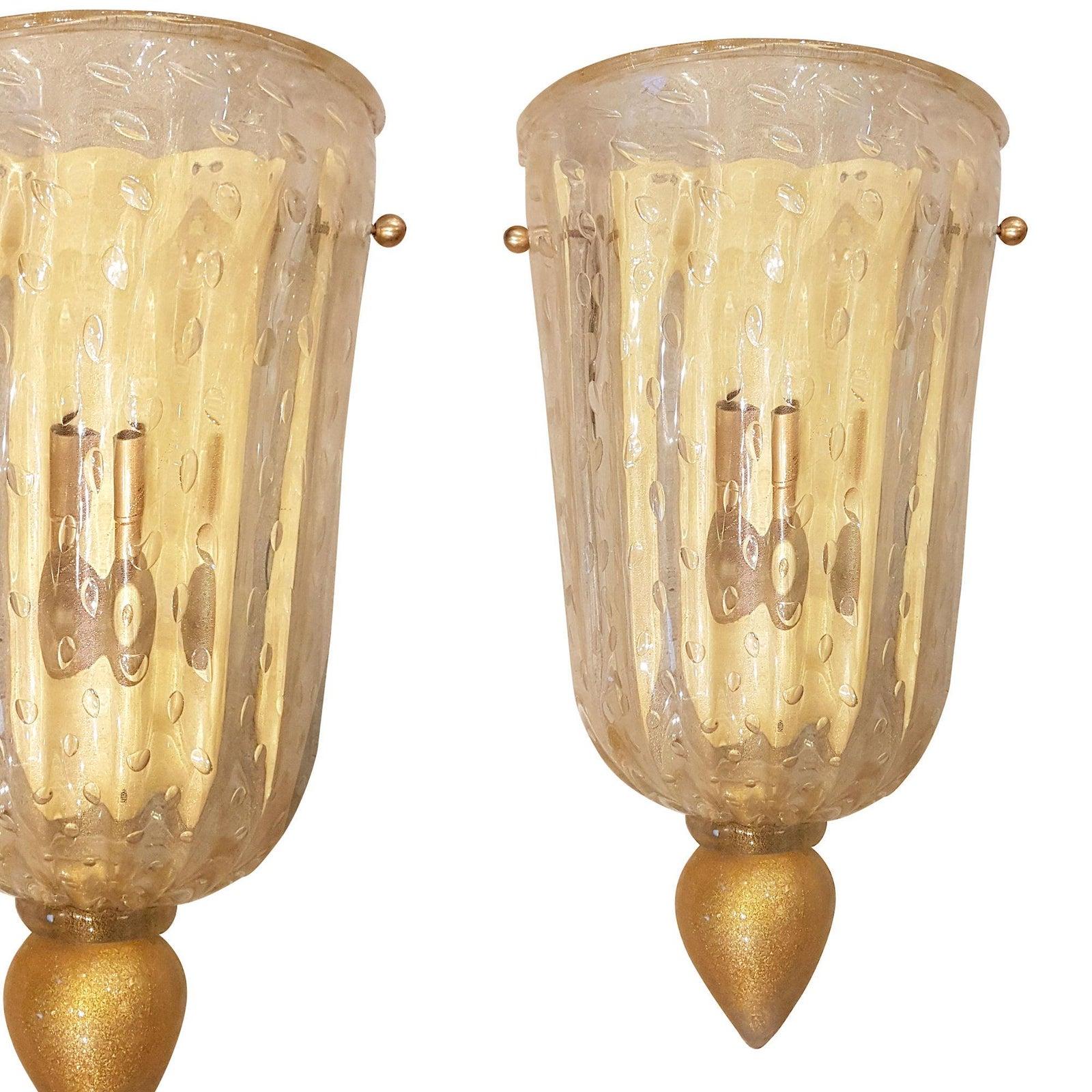Pair Mid-Century Modern Clear & Gold Murano Glass Sconces, Barovier Style Italy 1