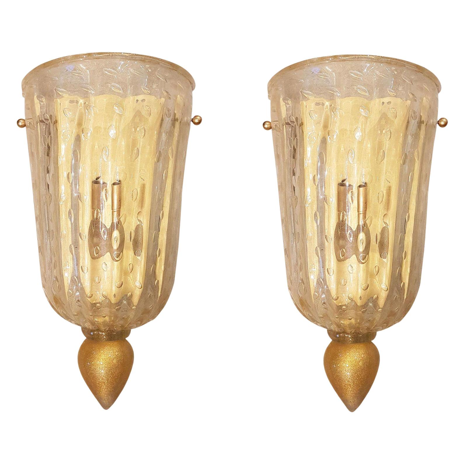 Pair Mid-Century Modern Clear & Gold Murano Glass Sconces, Barovier Style Italy
