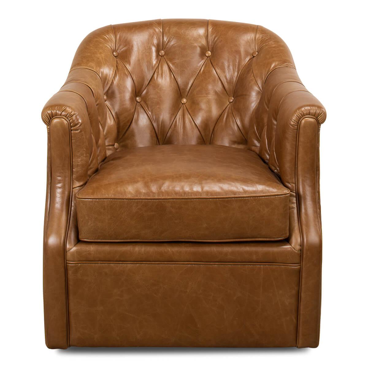 A Classic leather upholstered tub back armchair. In our Cuba brown leather with button tufted backrest and a cushioned seat, raised on a swivel base.

Dimensions: 30