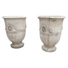 Pair of Classic Vintage Anduze France Garden Pots with Crests and Swag Decor