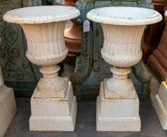 Pair of Classic White Cast Iron Planters with Pedestal
