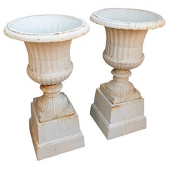 Used Pair of Classic White Cast Iron Planters with Pedestal