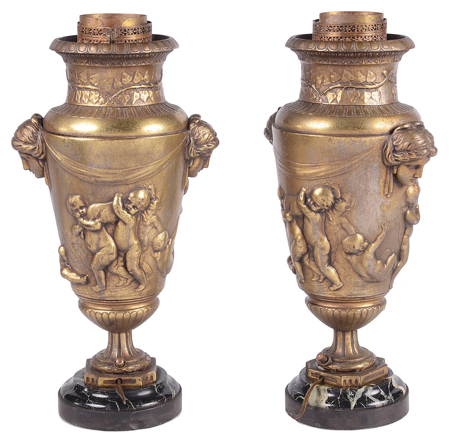 Greco Roman Pair of Classical 19th Century Bronze Lamps For Sale