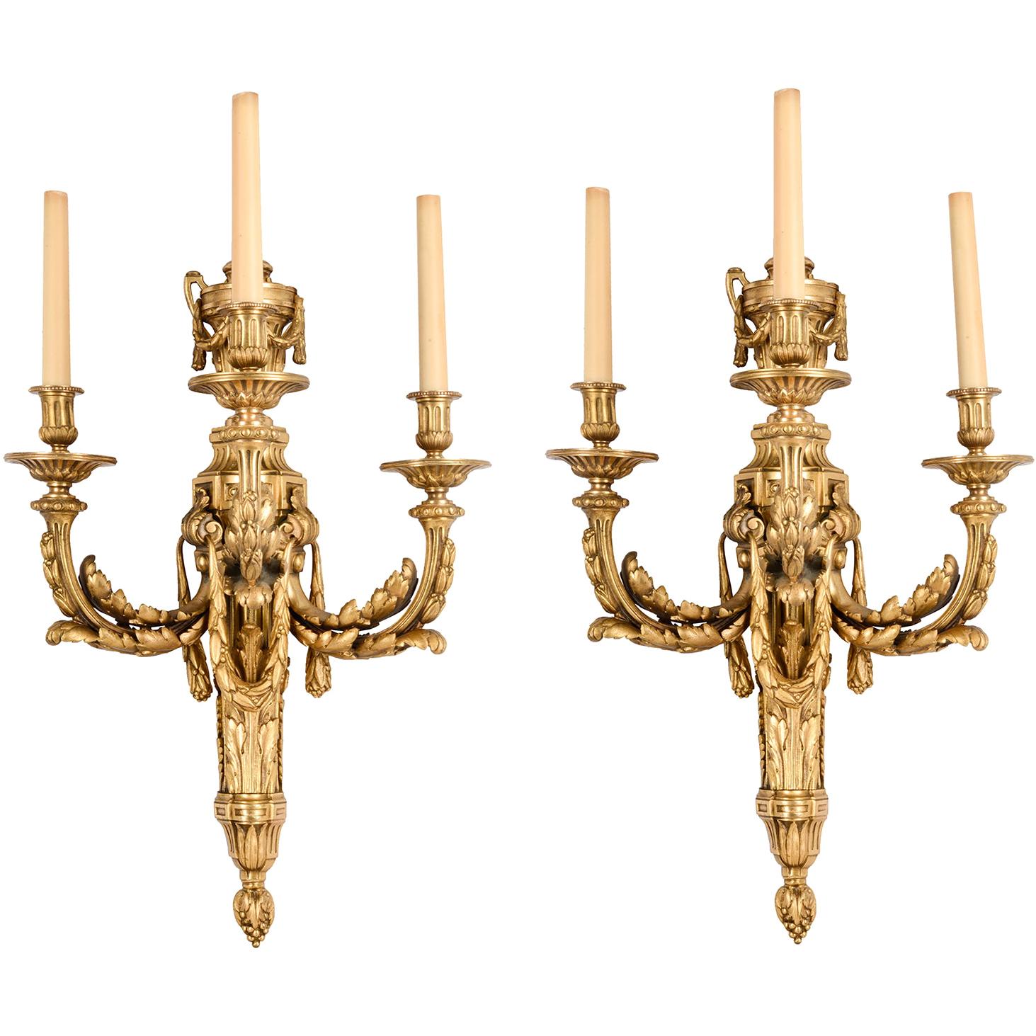 Pair of Classical 19th Century Louis XVI Style Ormolu Wall Lights For Sale