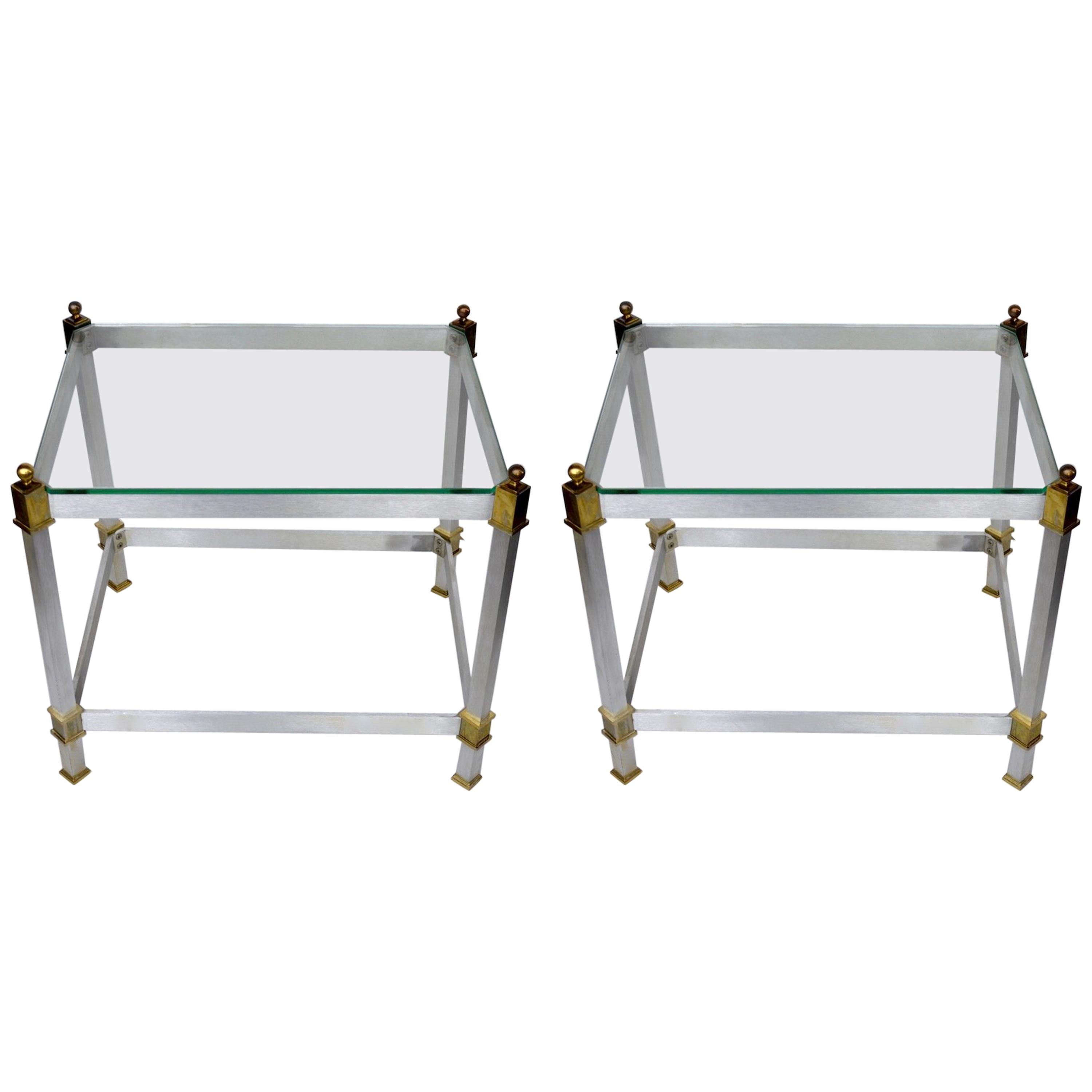 Pair of Classical Aluminum Brass and Glass Tables Attributed to Maison Jansen