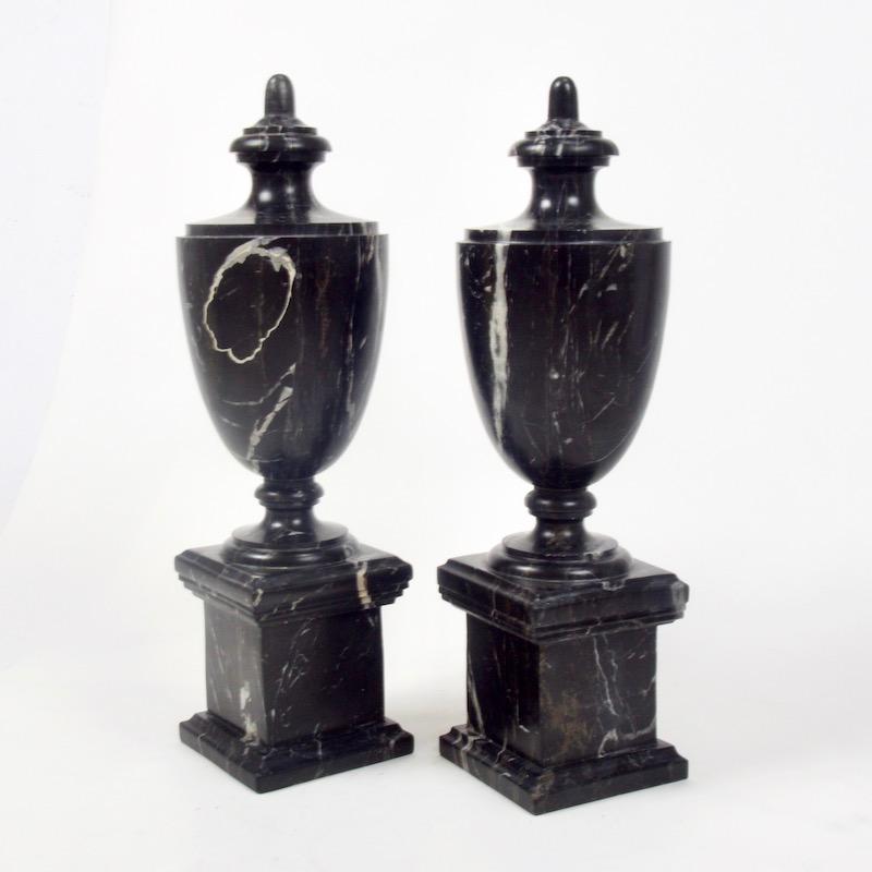 Classical Roman Pair of Classical Black Marble Urns