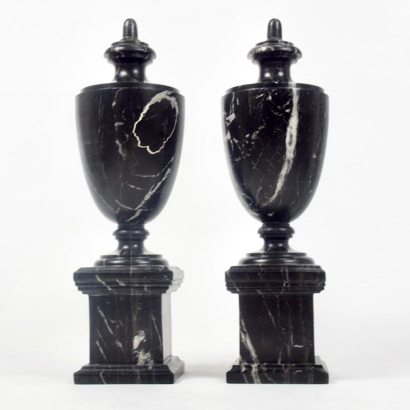 20th Century Pair of Classical Black Marble Urns