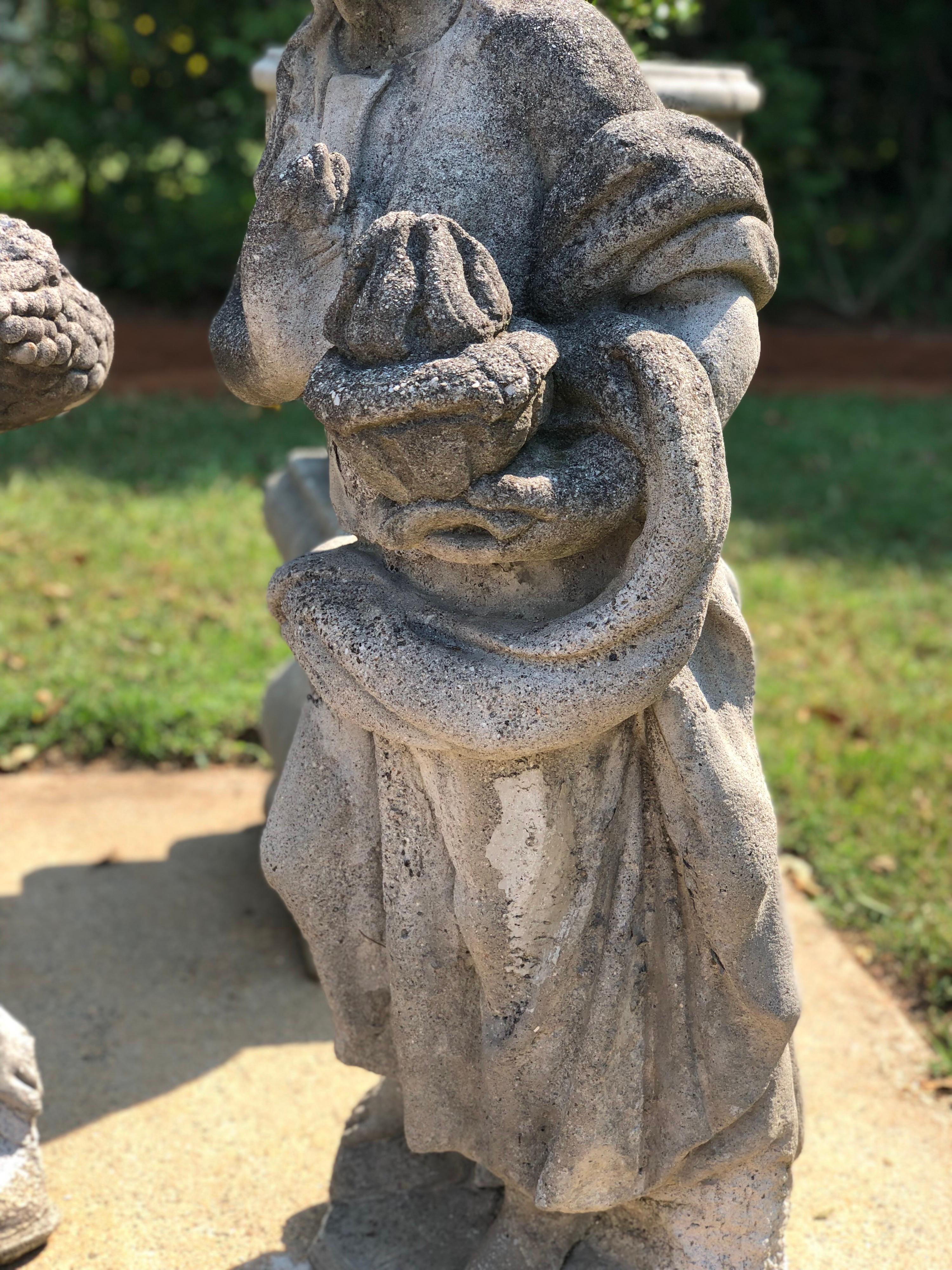 Pair of Classical Cast Stone Four Seasons Garden Statues In Fair Condition For Sale In Los Angeles, CA