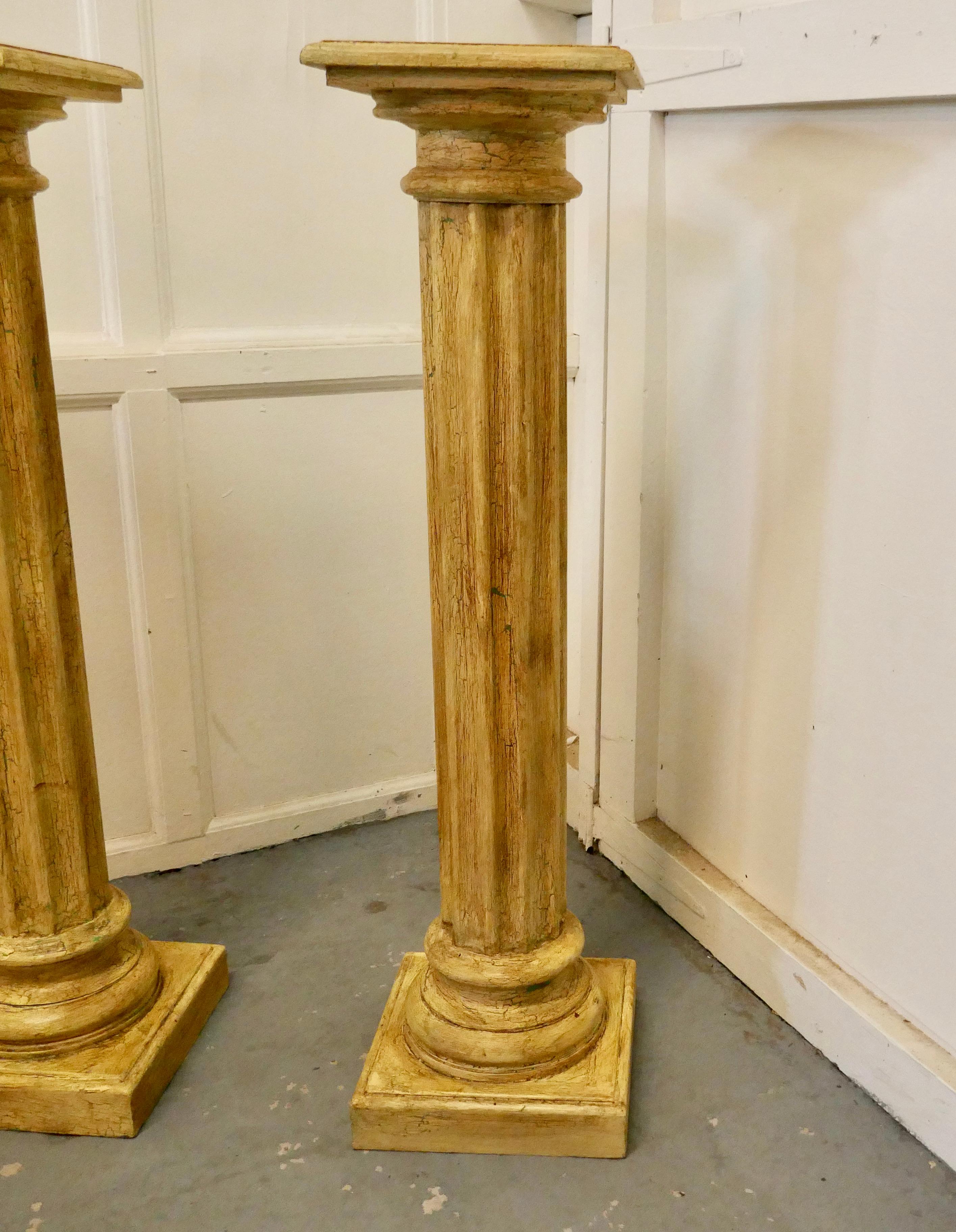 Classical Greek Pair of Classical Column Pedestals in Distressed Crackle Finish Paint For Sale