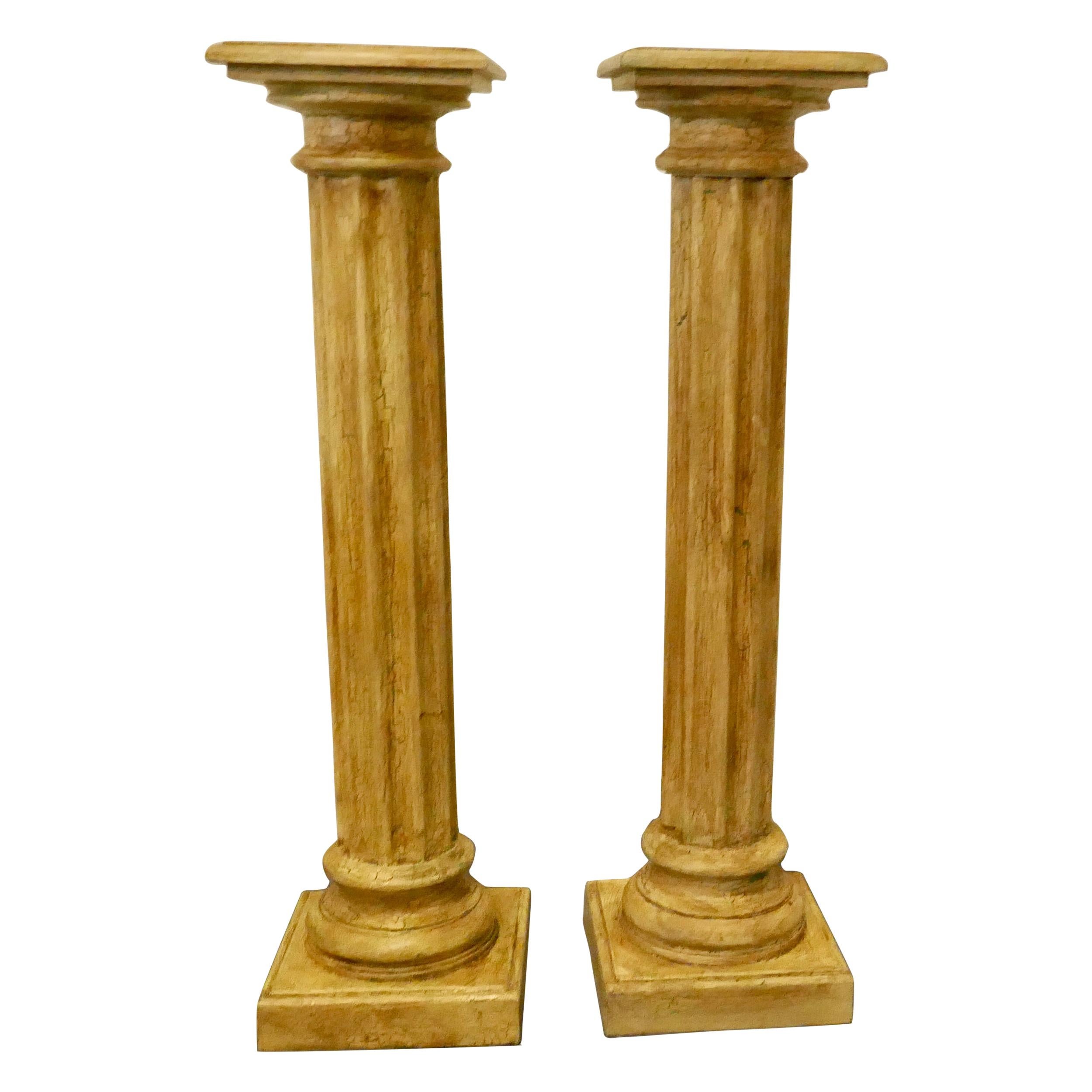 Pair of Classical Column Pedestals in Distressed Crackle Finish Paint For Sale