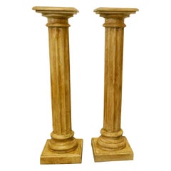 Antique Pair of Classical Column Pedestals in Distressed Crackle Finish Paint
