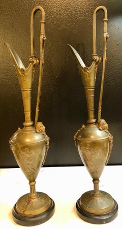 Pair of Classical Figural Bronze Neoclassical Ewers, 19th Century