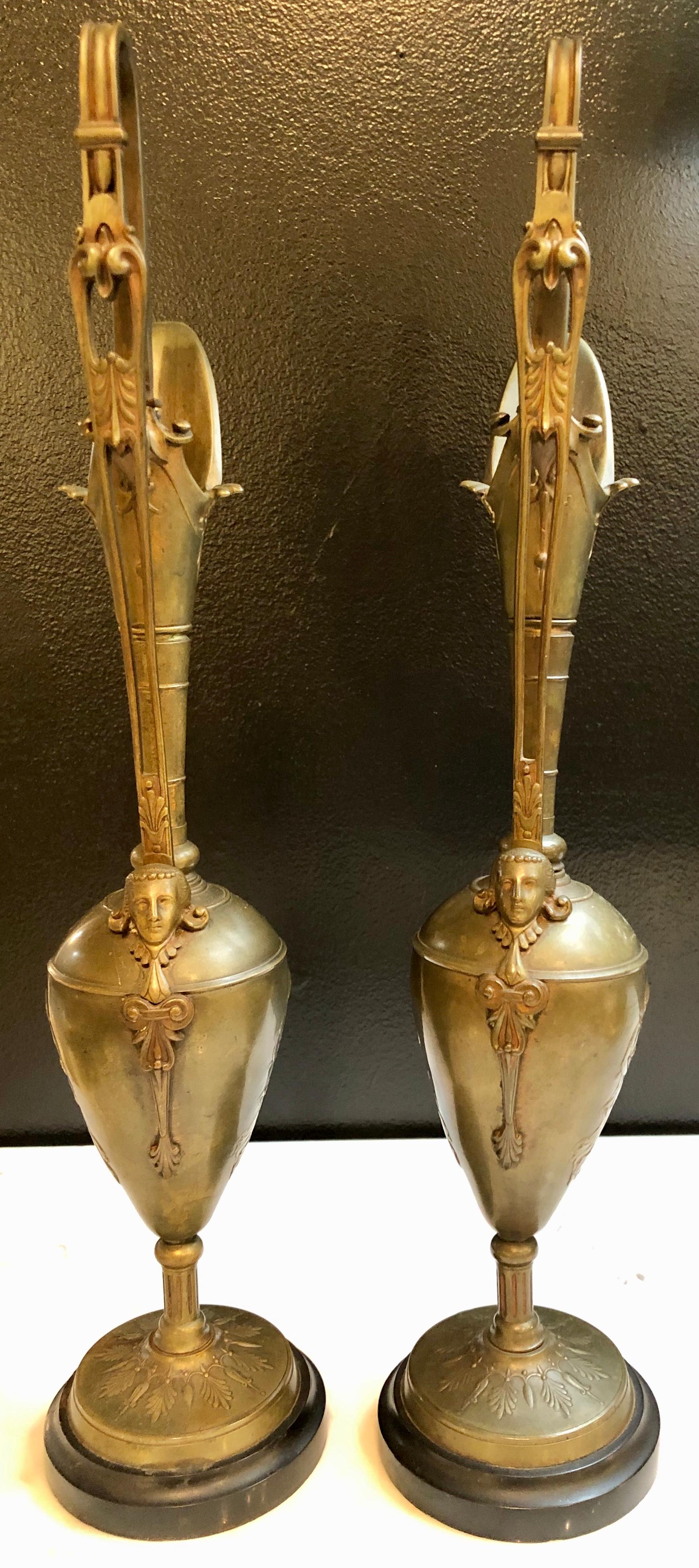 Pair of Classical Figural Bronze Neoclassical Ewers, 19th Century In Good Condition In Stamford, CT