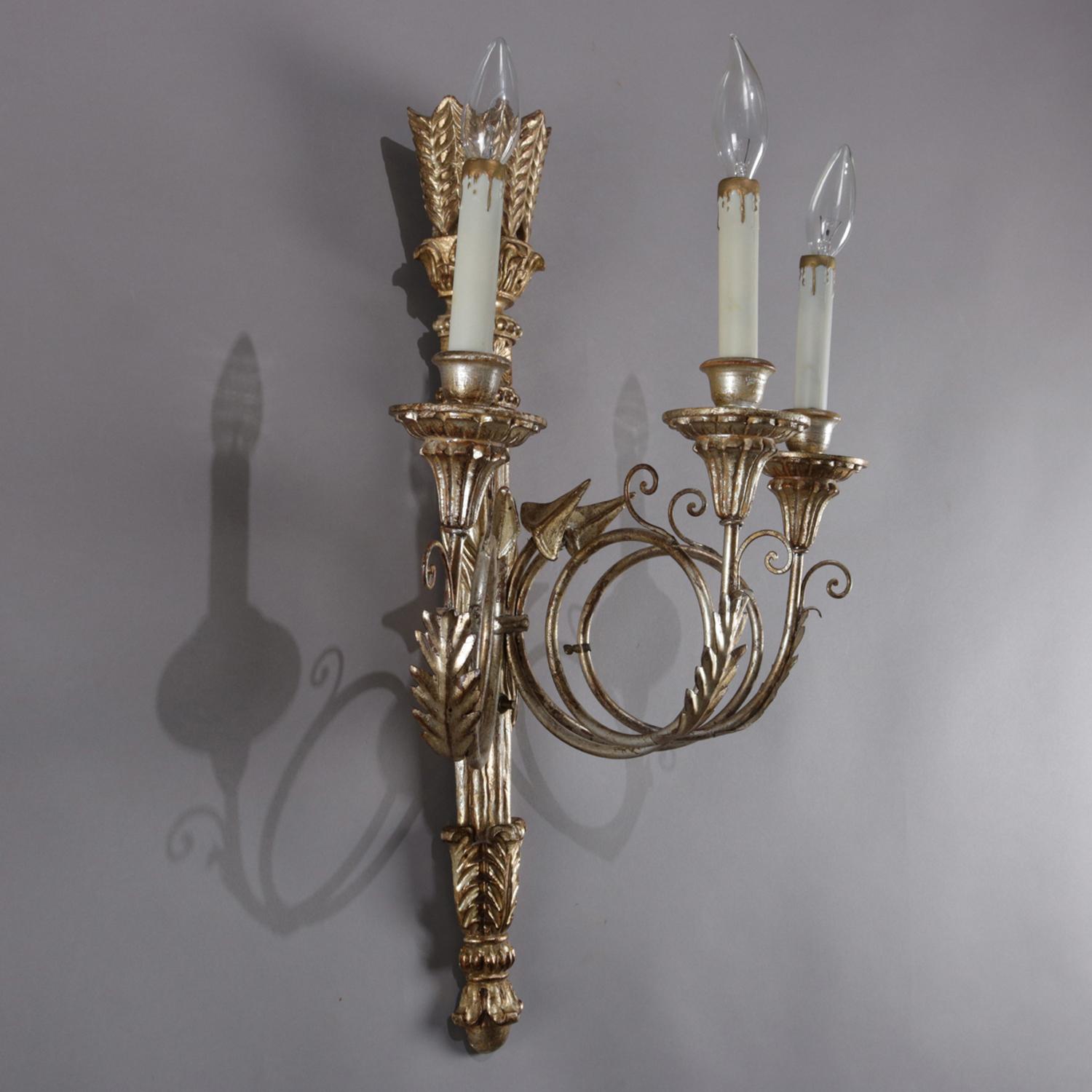 20th Century Pair of Classical French Empire Style Gilt Torchère Three-Light Wall Sconces