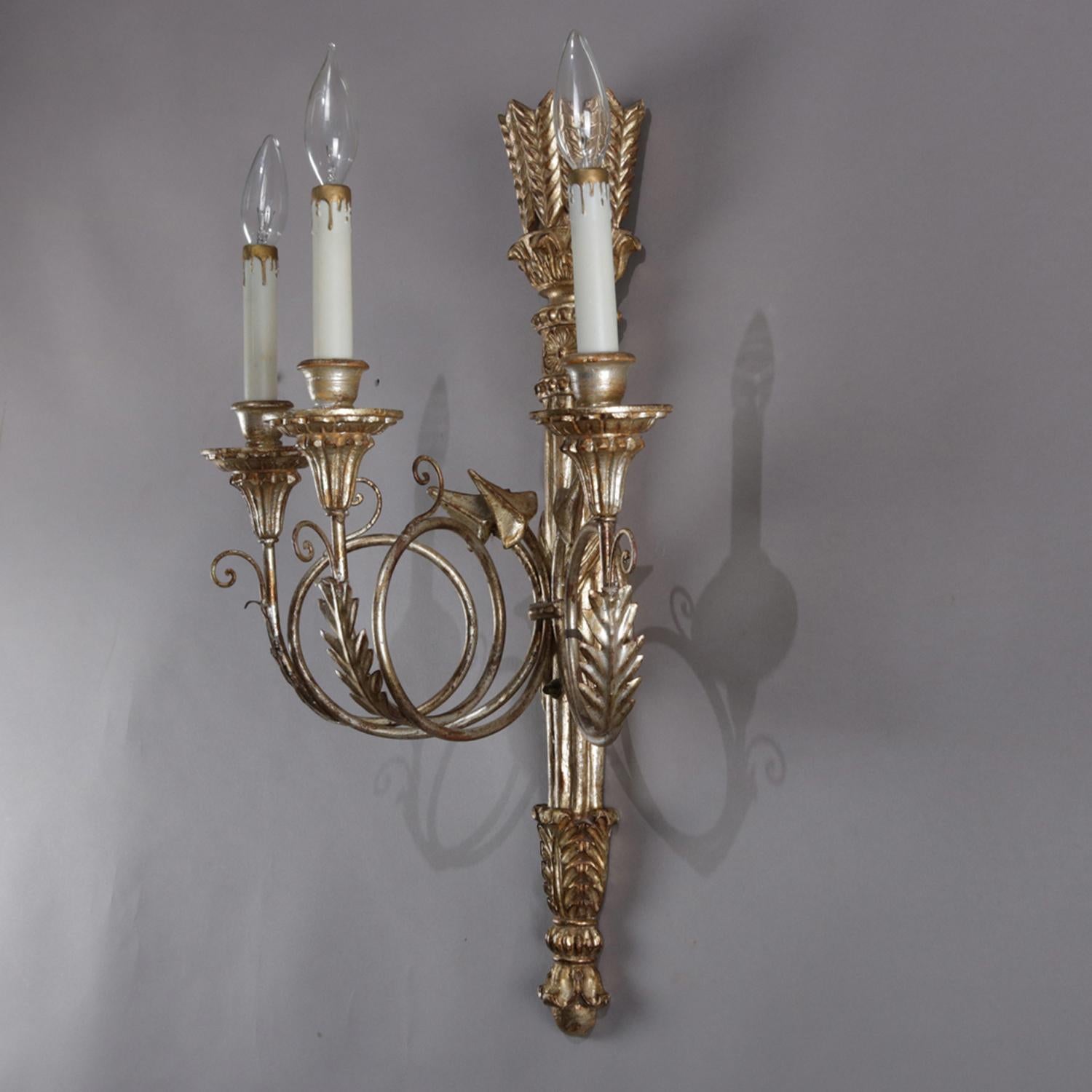 Pair of Classical French Empire Style Gilt Torchère Three-Light Wall Sconces 1