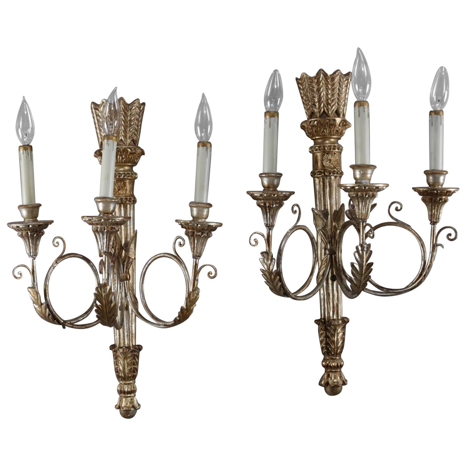 Pair of Classical French Empire Style Gilt Torchère Three-Light Wall Sconces