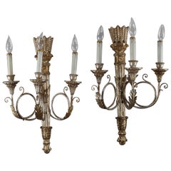 Pair of Classical French Empire Style Gilt Torchère Three-Light Wall Sconces