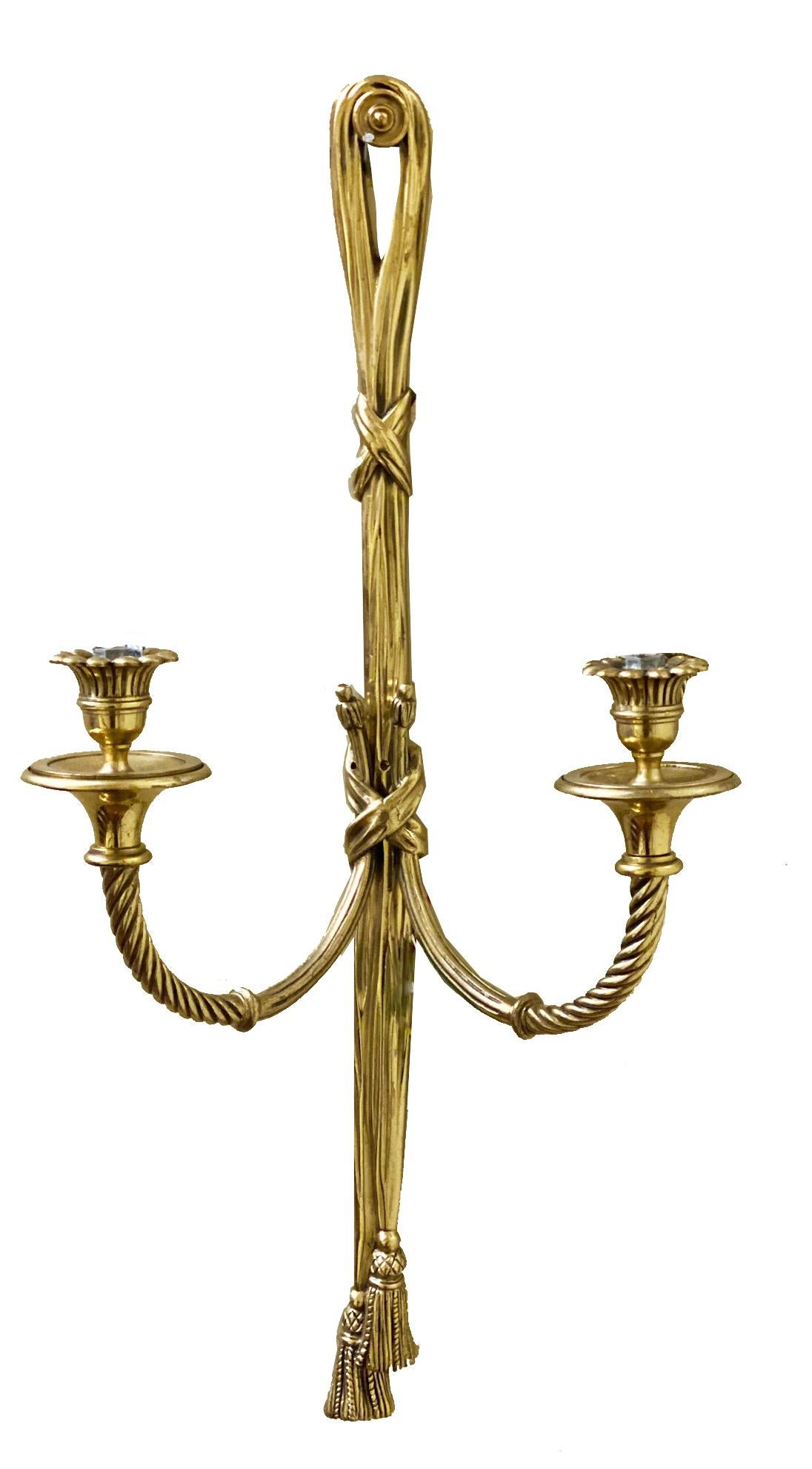 English Pair of classical French ormolu Louis XVI style two branch wall lights For Sale