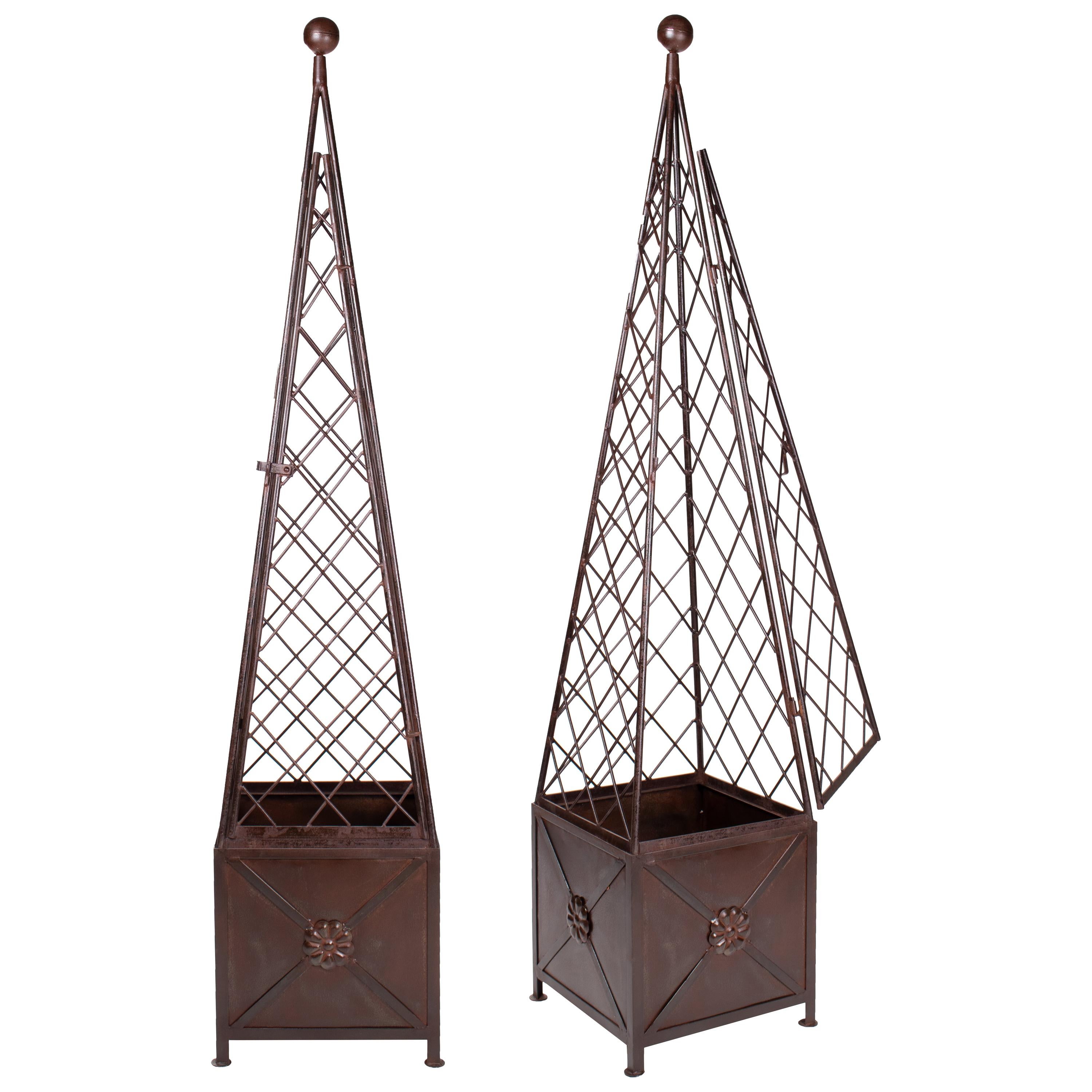 Pair of Classical French Style Iron Obelisks with Base