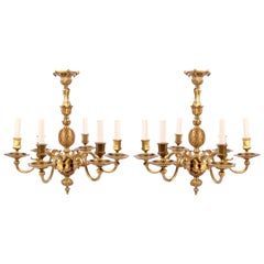 Pair of Classical Gilded Ormolu 6 Branch Chandeliers, circa 1920