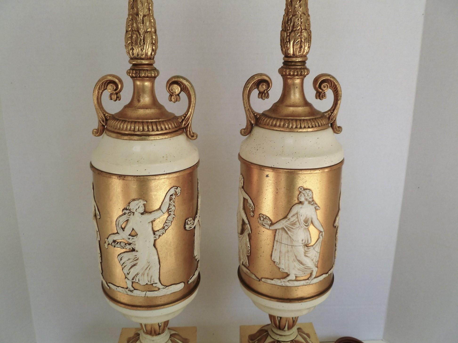 Romantic Pair of Classical Gilt and Enamel Urn Form Table Lamps