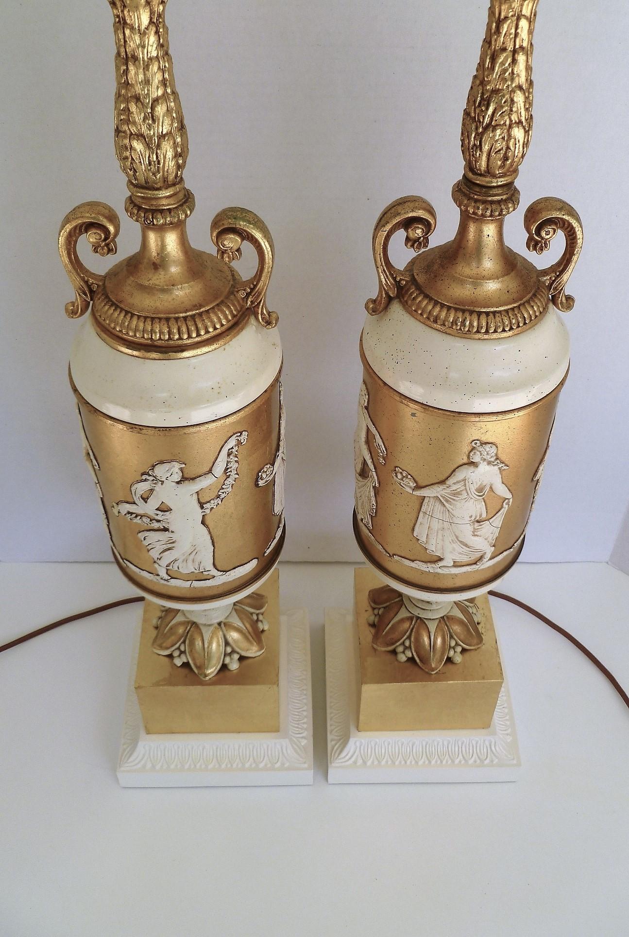 Pair of Classical Gilt and Enamel Urn Form Table Lamps In Good Condition In Miami, FL