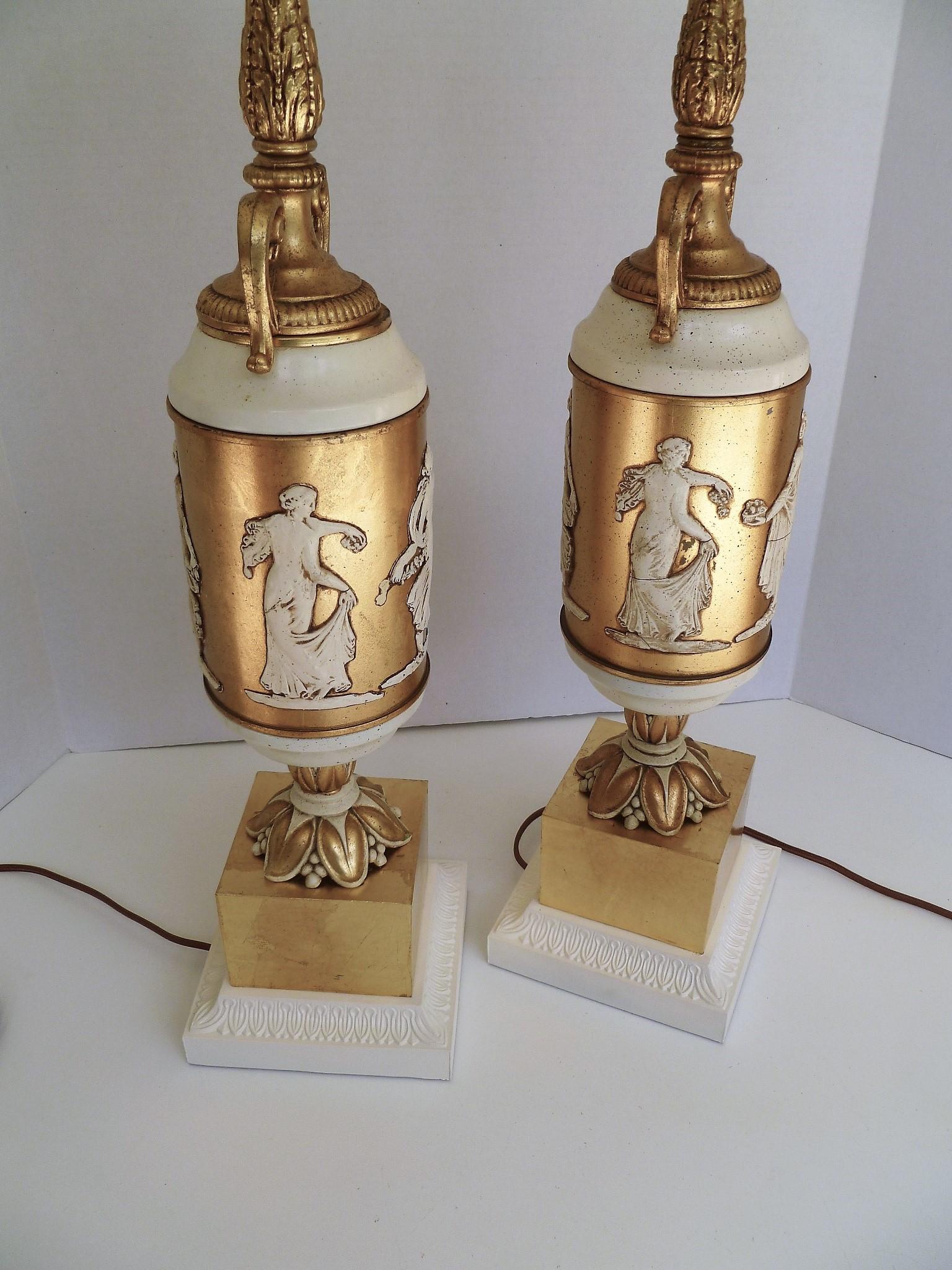 Mid-20th Century Pair of Classical Gilt and Enamel Urn Form Table Lamps