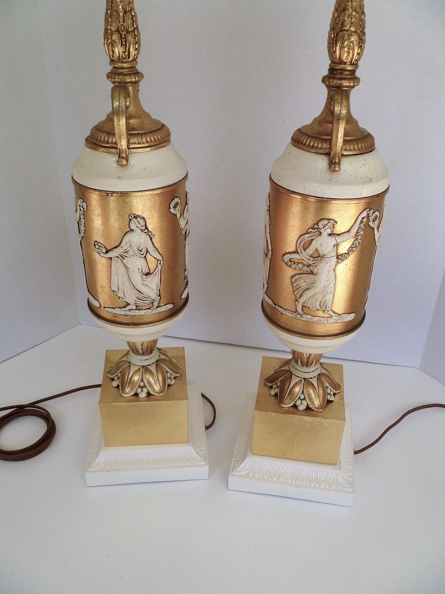 Metal Pair of Classical Gilt and Enamel Urn Form Table Lamps