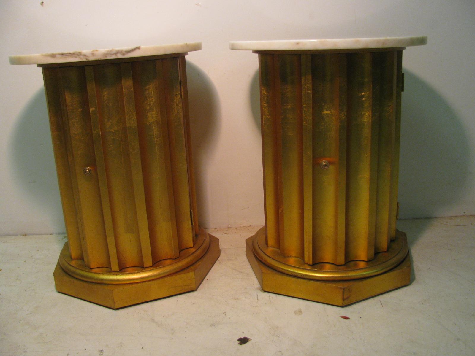 Pair of Classical Gilt Fluted Column Cabinets  Tables with Marble Tops Portugal For Sale 4