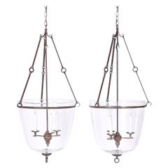 Pair of Classical Glass and Iron Pendants or Light Fixtures