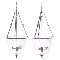 Antique Pair of Classical Glass and Iron Pendants or Light Fixtures