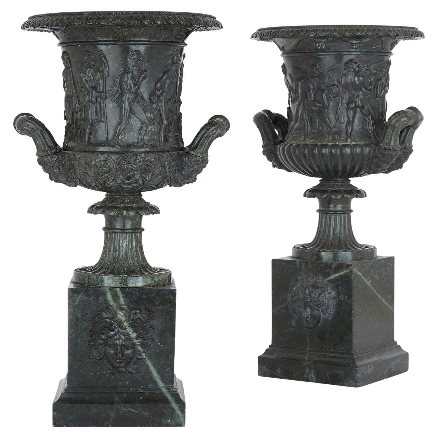 Pair of Classical Italian Grey Marble Vases After the Famous Medici Vase For Sale