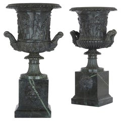 Antique Pair of Classical Italian Grey Marble Vases After the Famous Medici Vase