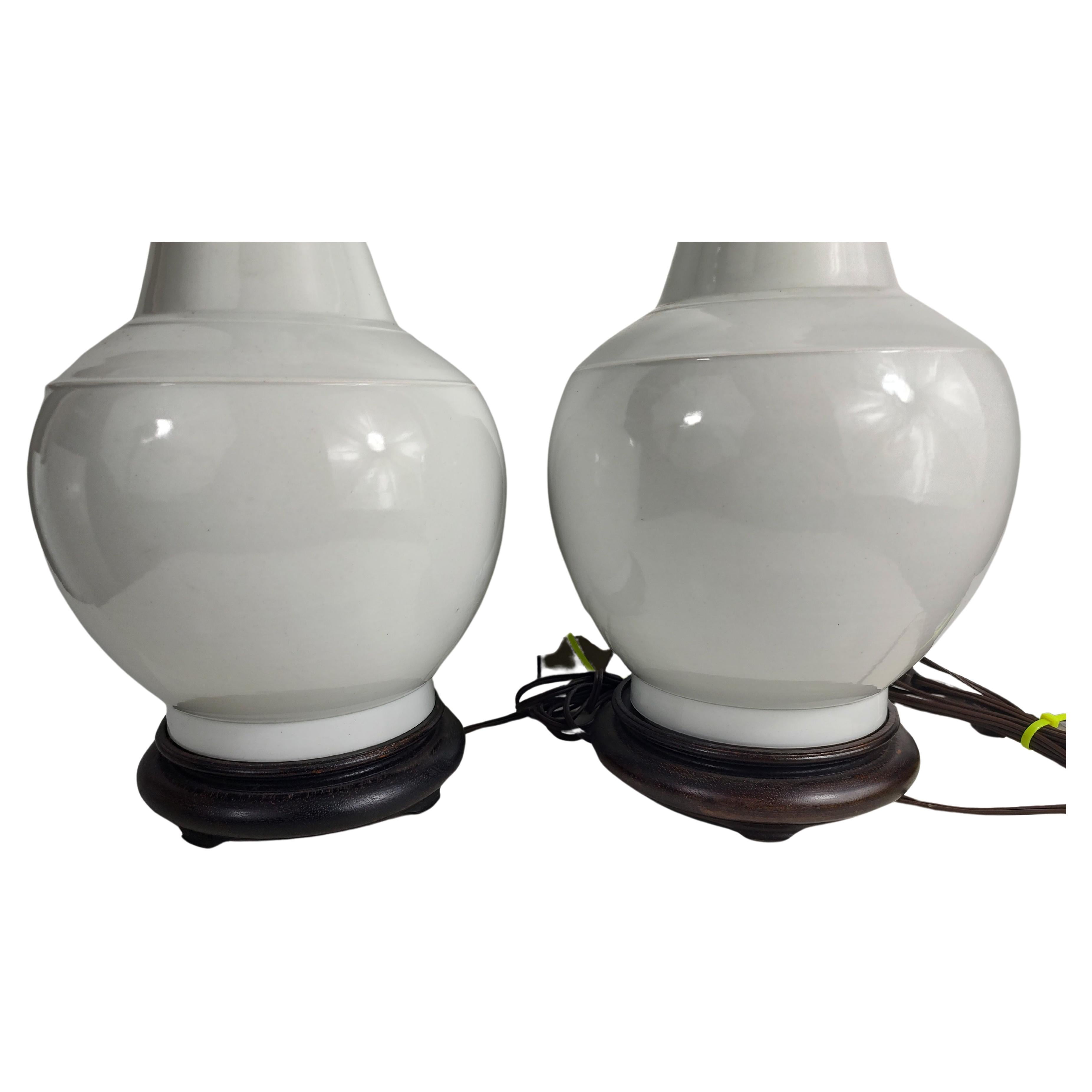 Carved Pair of Classical Japanese White Porcelain Vase Table Lamps