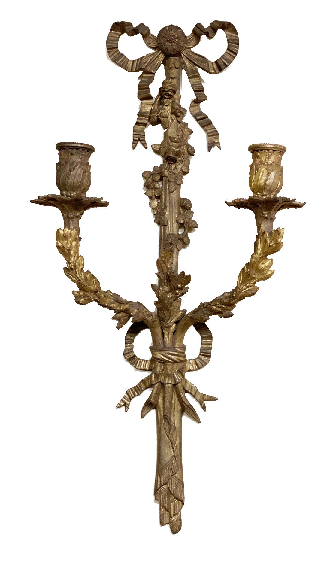 French Pair of classical late 19th Century Louis XVI style two branch wall lights For Sale