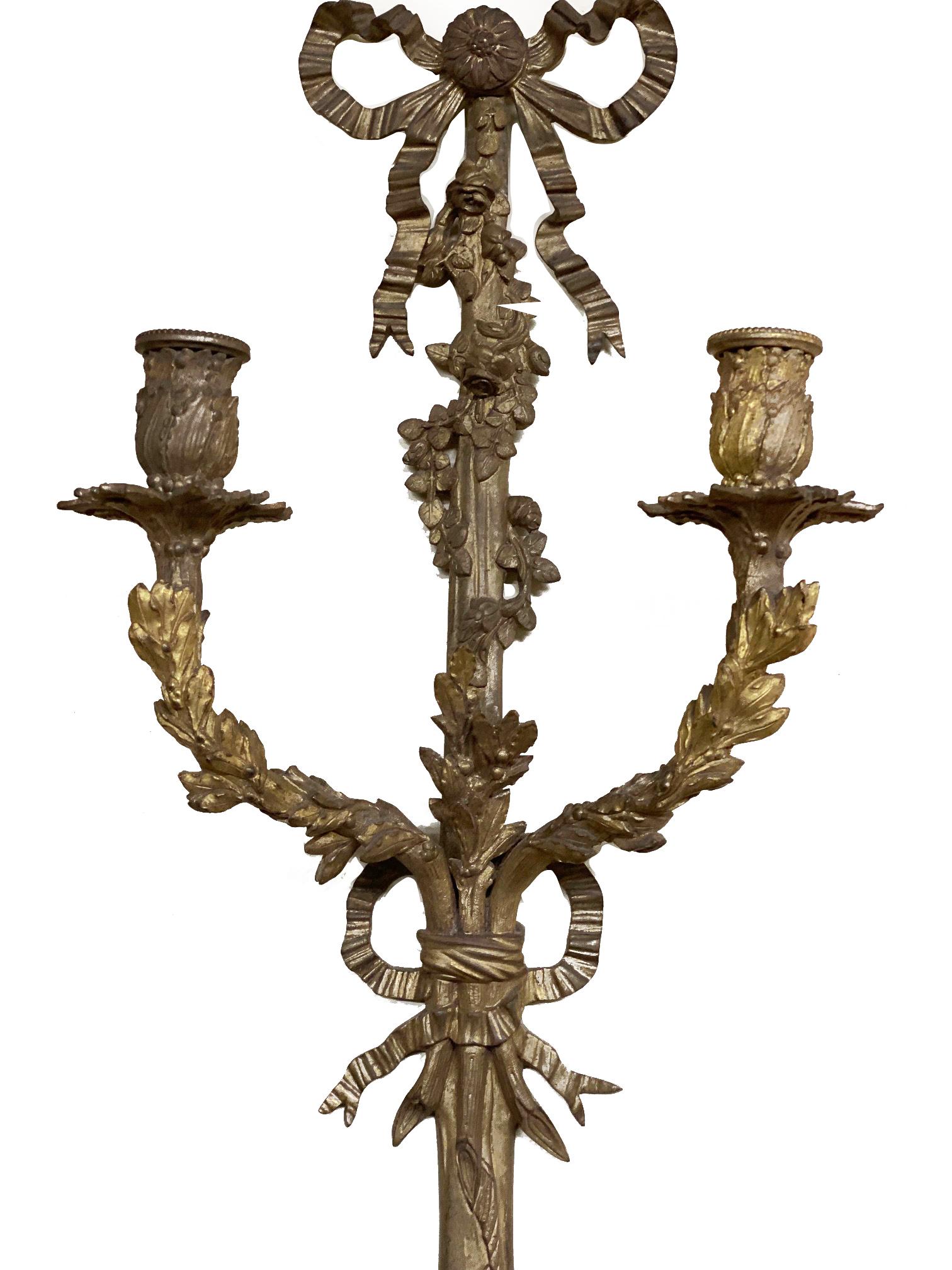 Pair of classical late 19th Century Louis XVI style two branch wall lights In Good Condition For Sale In Brighton, Sussex