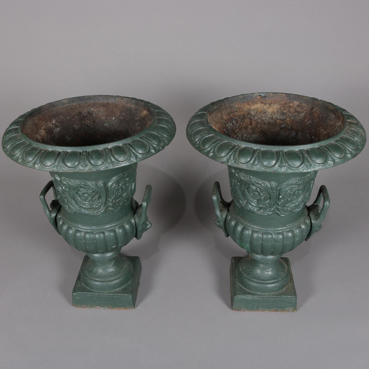Classical Greek Pair of Classical Painted Cast Iron Garden Urns, 20th Century